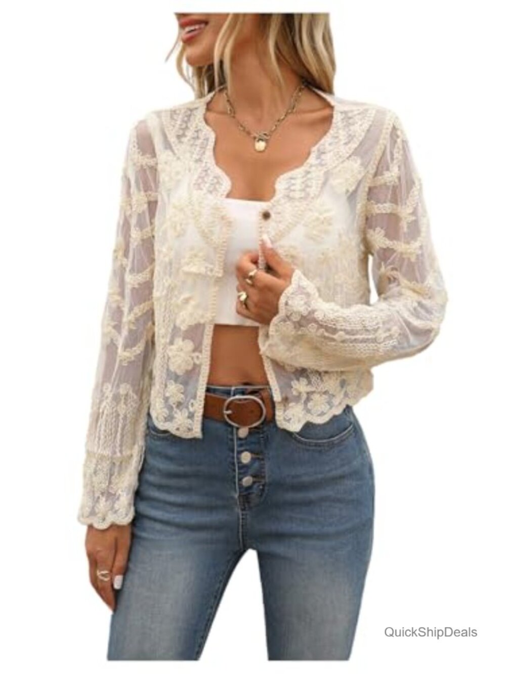Lace Blouse Embroidered Western Boho Top Button Up V Neck Long Sleeve